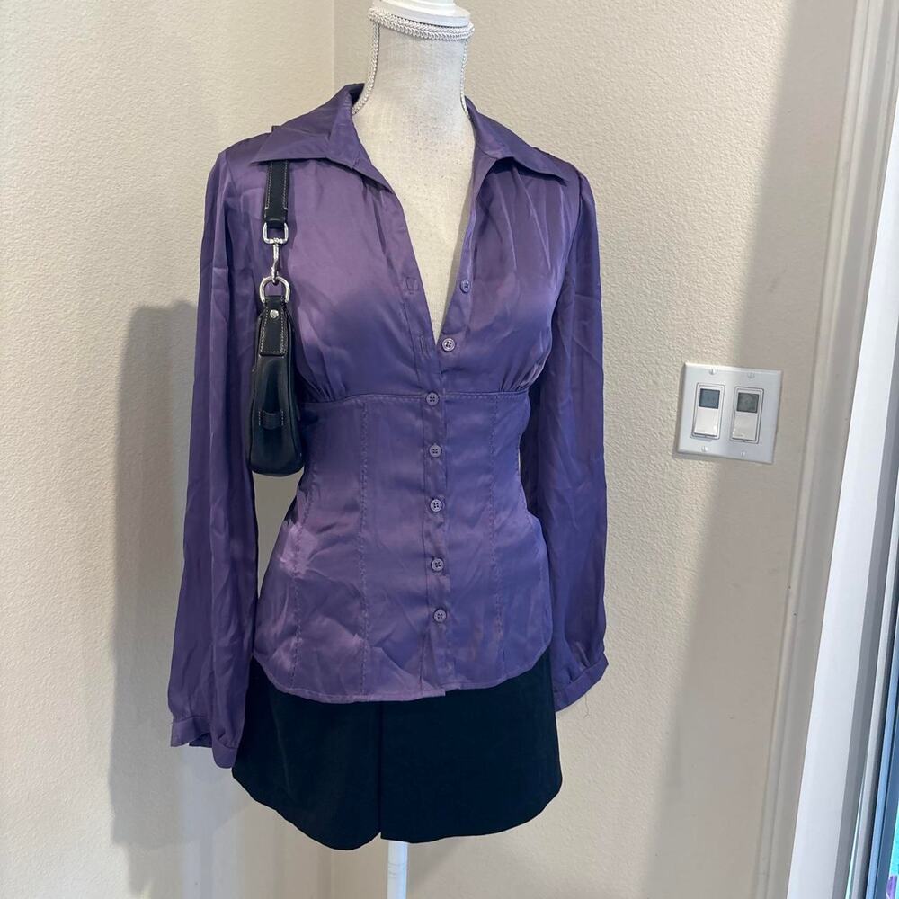 Agora purple satin button up blouse. Size medium